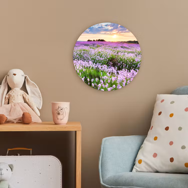 Lavendel - Bloemen - Zonsondergang - Paars - Weide Wandcirkel kunststof plaat 5mm dik klein -tsfeer1_kind
