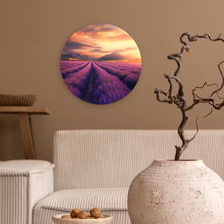 Lavendelveld - Zonsondergang - Paars Wandcirkel kunststof plaat 5mm dik klein -sfeer1