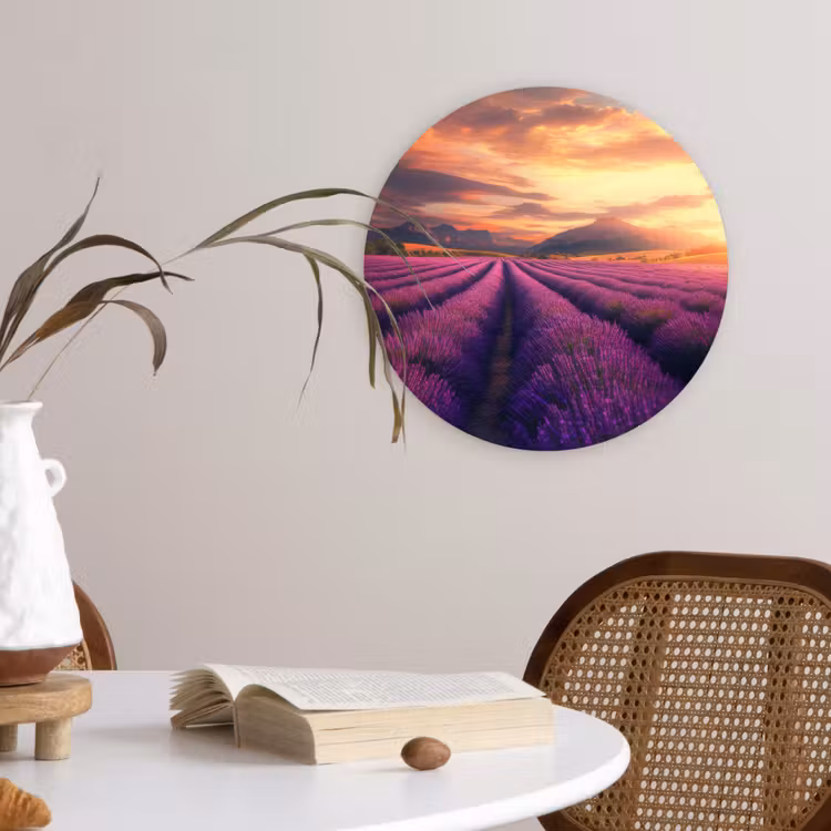 Lavendelveld - Zonsondergang - Paars Wandcirkel kunststof plaat 5mm dik klein -sfeer4