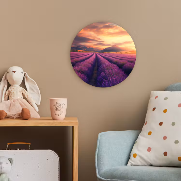 Lavendelveld - Zonsondergang - Paars Wandcirkel kunststof plaat 5mm dik klein -tsfeer1_kind