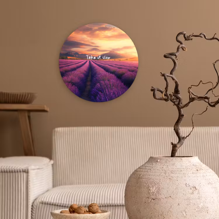 Lavendelveld - Quote - Zonsondergang Wandcirkel kunststof plaat 5mm dik klein -sfeer1