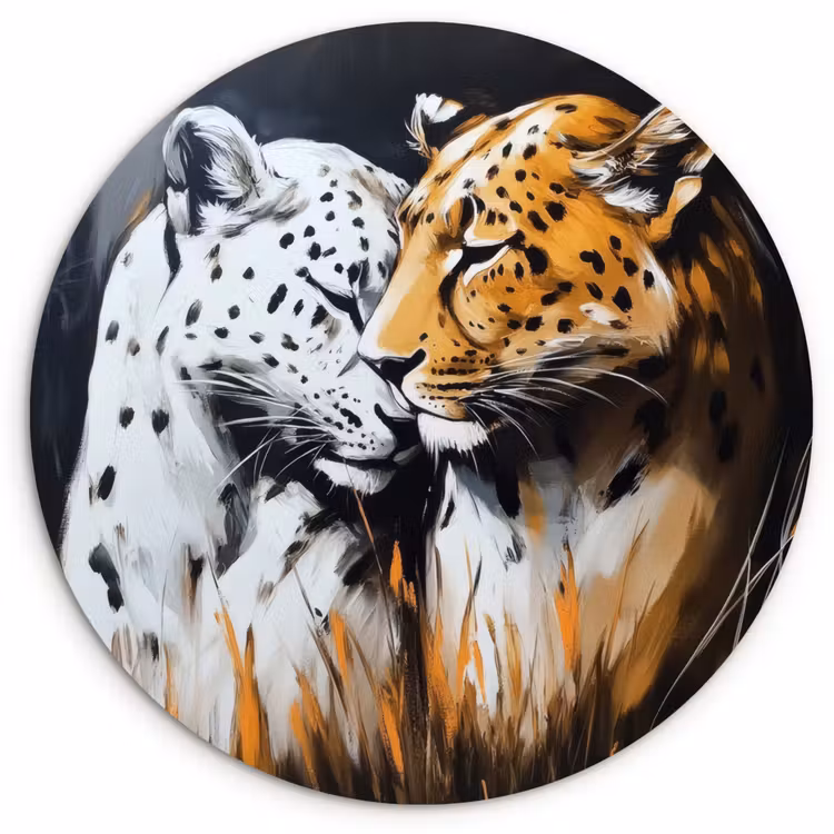 Luipaard - Oranje - Wit - Gras Wandcirkel kunststof plaat 5mm dik klein -3d