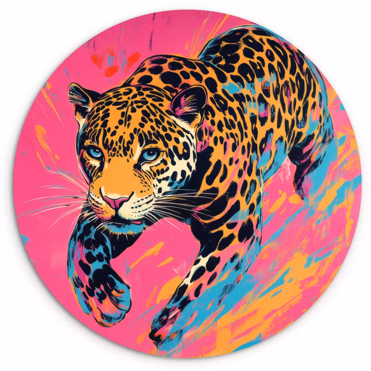 Luipaard - Roze - Oranje - Blauw - Verf Wandcirkel kunststof plaat 5mm dik klein -3d