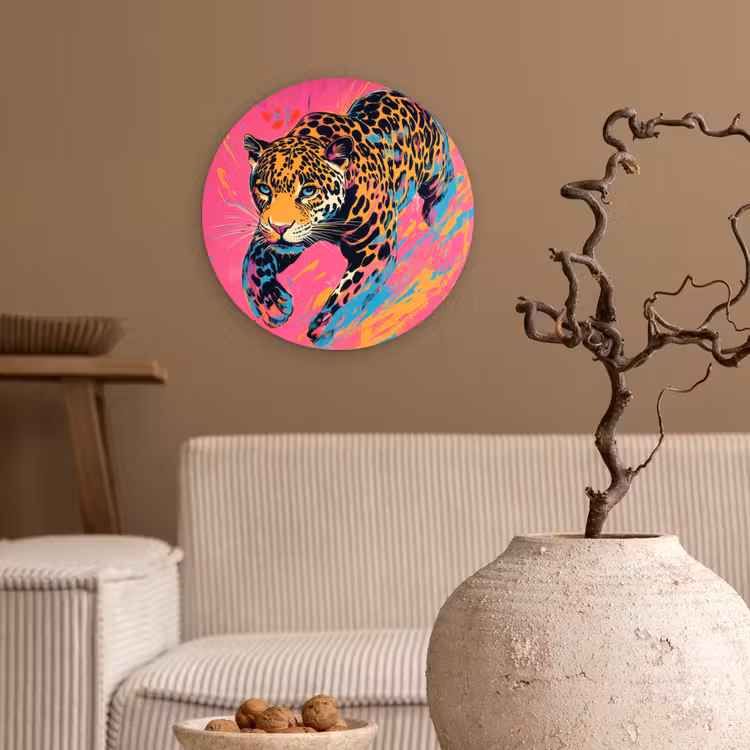 Luipaard - Roze - Oranje - Blauw - Verf Wandcirkel kunststof plaat 5mm dik klein -sfeer1