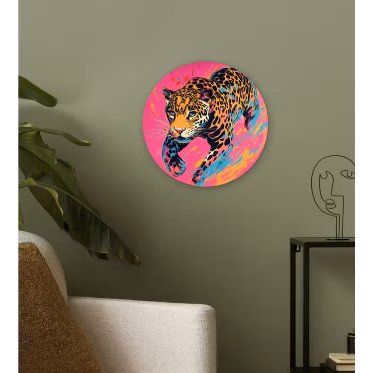 Luipaard - Roze - Oranje - Blauw - Verf Wandcirkel kunststof plaat 5mm dik klein -sfeer3