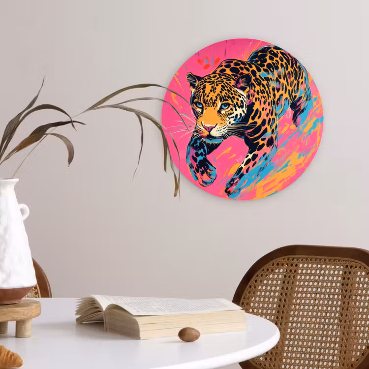 Luipaard - Roze - Oranje - Blauw - Verf Wandcirkel kunststof plaat 5mm dik klein -sfeer4