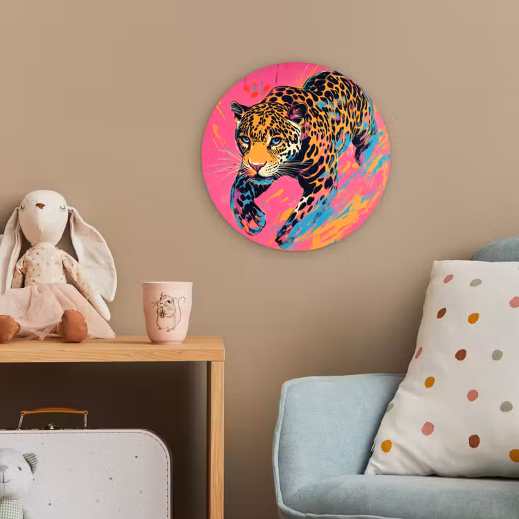 Luipaard - Roze - Oranje - Blauw - Verf Wandcirkel kunststof plaat 5mm dik klein -tsfeer1_kind