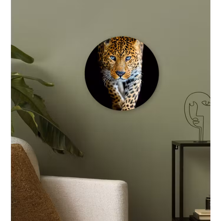 Luipaard - Dieren - Portret - Wilde dieren - Zwart Wandcirkel kunststof plaat 5mm dik klein -sfeer3