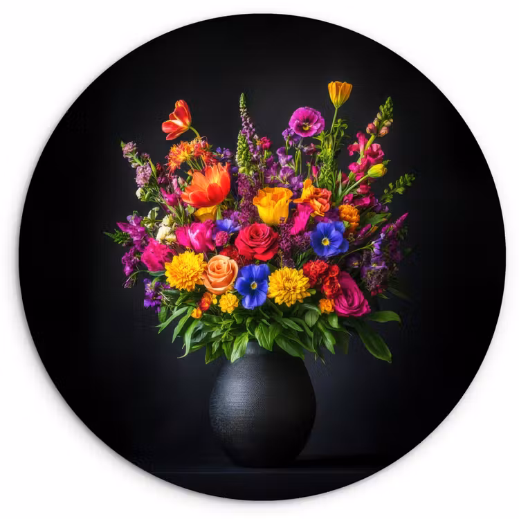 Felgekleurd - Bloemen - Vaas Wandcirkel kunststof plaat 5mm dik klein -3d