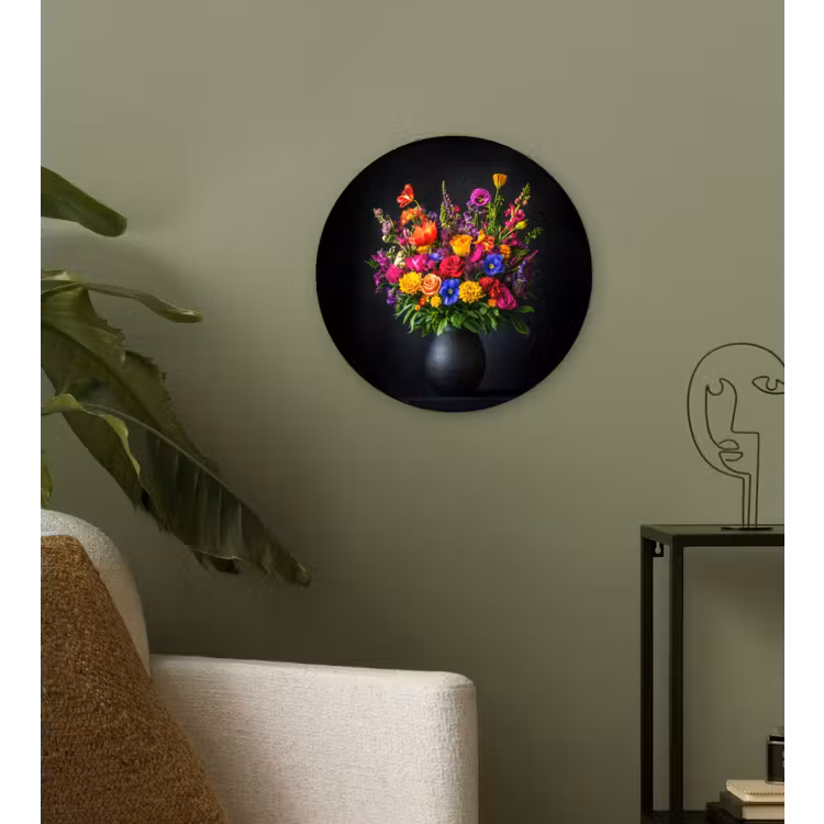 Felgekleurd - Bloemen - Vaas Wandcirkel kunststof plaat 5mm dik klein -sfeer3