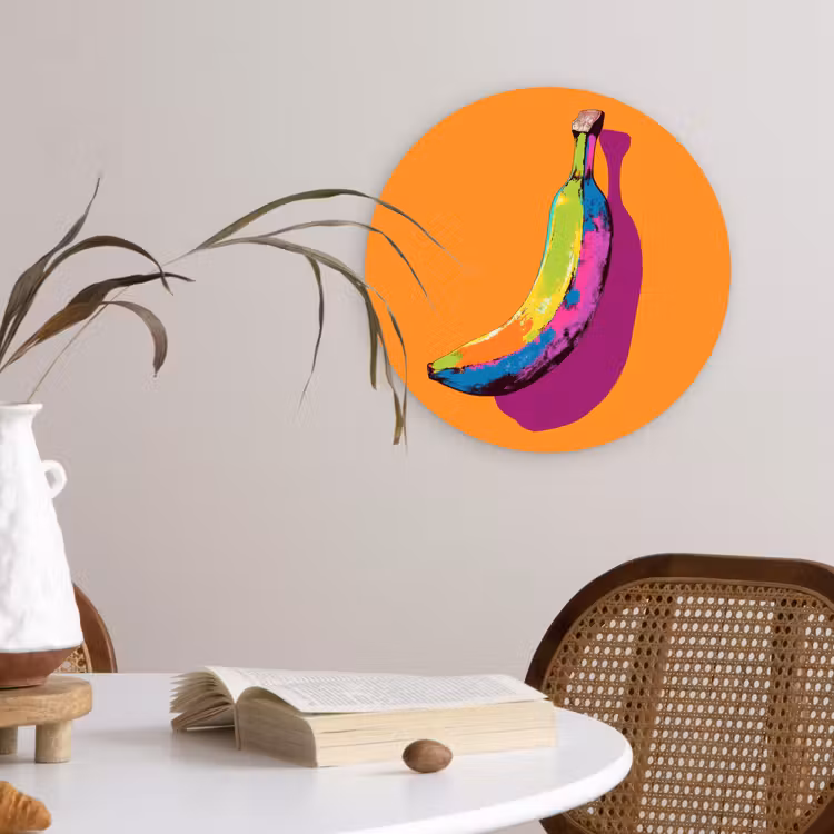 Felle kleuren - Banaan - popart Wandcirkel kunststof plaat 5mm dik klein -sfeer4