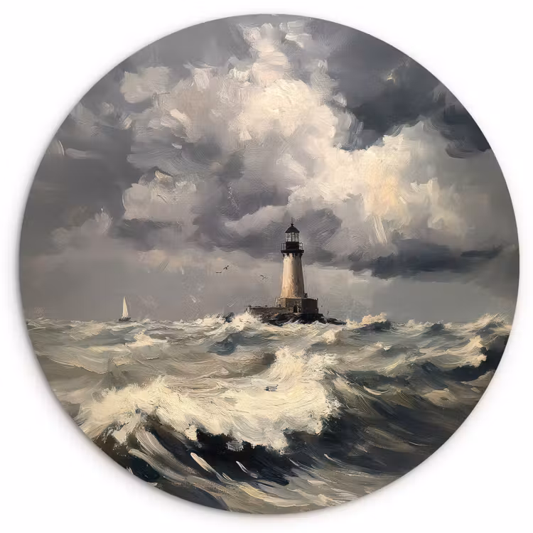 Vuurtoren - Golven - Storm Wandcirkel kunststof plaat 5mm dik klein -3d