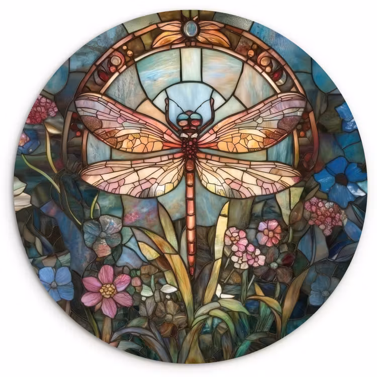 Libelle - Mozaïek - Bloemen - Kleurrijk Wandcirkel kunststof plaat 5mm dik klein -3d