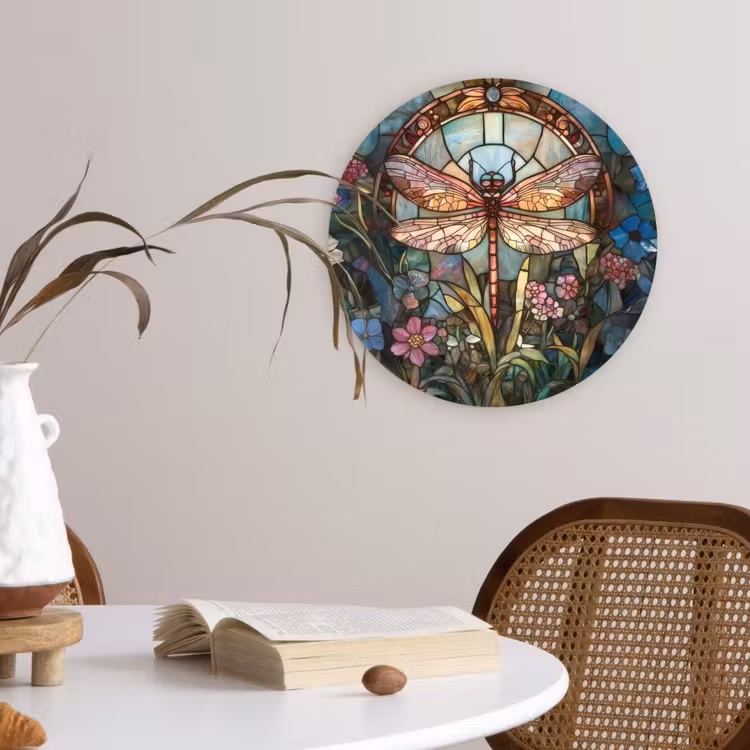 Libelle - Mozaïek - Bloemen - Kleurrijk Wandcirkel kunststof plaat 5mm dik klein -sfeer4