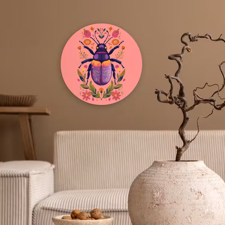 Paars - Kever - Stipjes - Bloemen Wandcirkel kunststof plaat 5mm dik klein -sfeer1