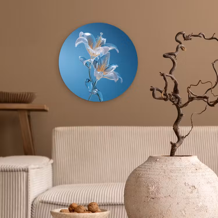Lelies - Blauw - Glazen Wandcirkel kunststof plaat 5mm dik klein -sfeer1