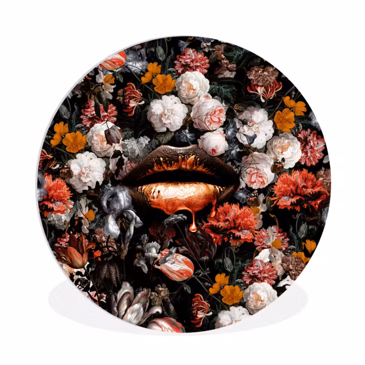 Lippen - Bloemen - Verf - Oranje - Kunst - Abstract - Oude meesters Wandcirkel kunststof plaat 5mm dik klein -3d
