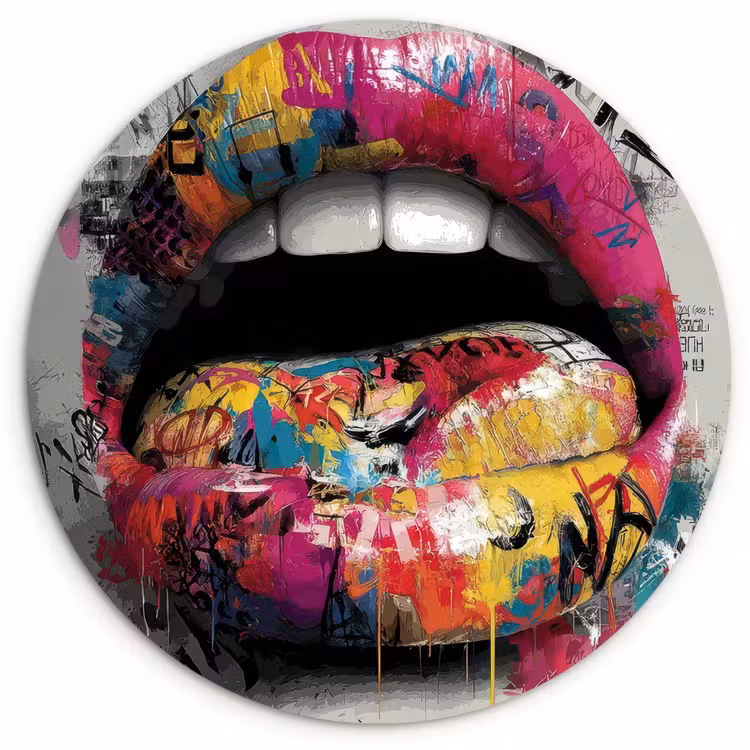 Lippen - Graffiti - Expressief Wandcirkel kunststof plaat 5mm dik klein -3d