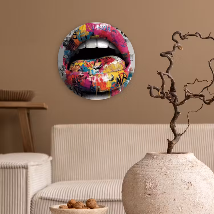 Lippen - Graffiti - Expressief Wandcirkel kunststof plaat 5mm dik klein -sfeer1