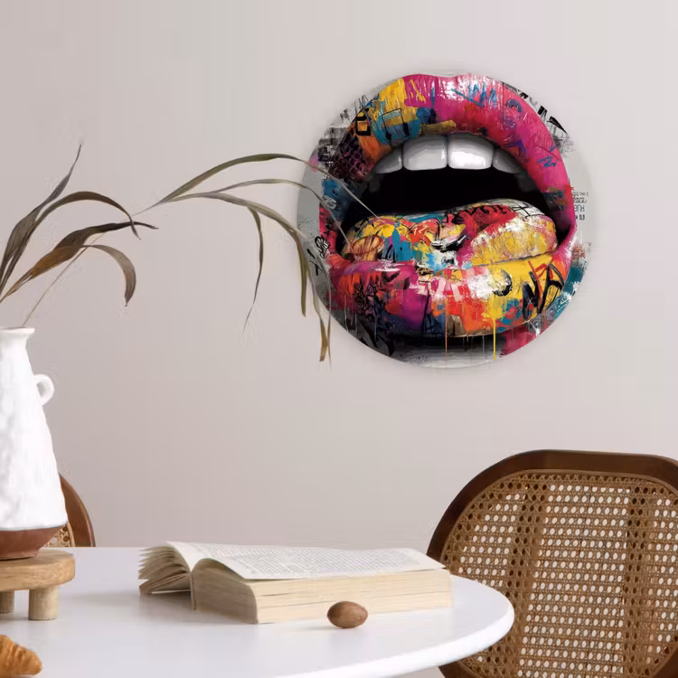 Lippen - Graffiti - Expressief Wandcirkel kunststof plaat 5mm dik klein -sfeer4