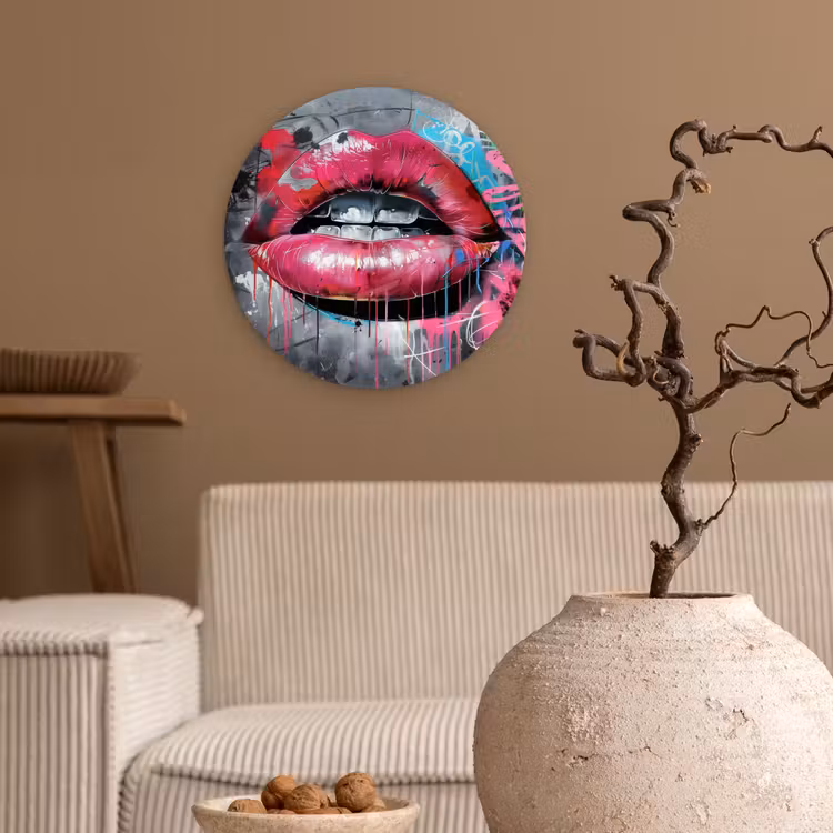 Lippen - Felroze - Graffiti - Verfstrepen Wandcirkel kunststof plaat 5mm dik klein -sfeer1