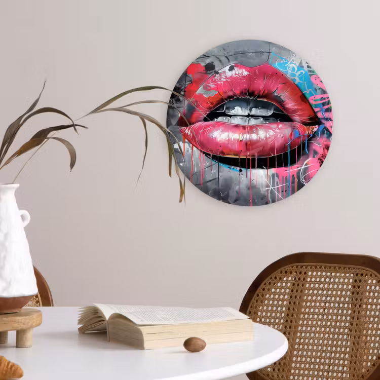 Lippen - Felroze - Graffiti - Verfstrepen Wandcirkel kunststof plaat 5mm dik klein -sfeer4