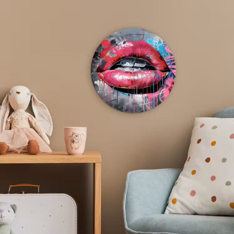 Lippen - Felroze - Graffiti - Verfstrepen Wandcirkel kunststof plaat 5mm dik klein -tsfeer1_kind