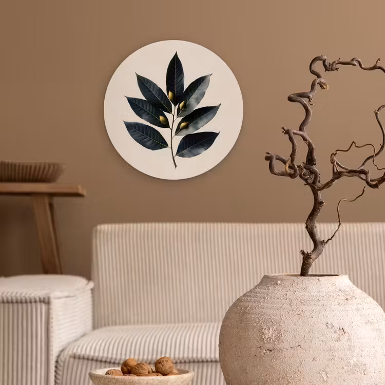 Laurierbladeren - Bloemknoppen - subtiel Wandcirkel kunststof plaat 5mm dik klein -sfeer1