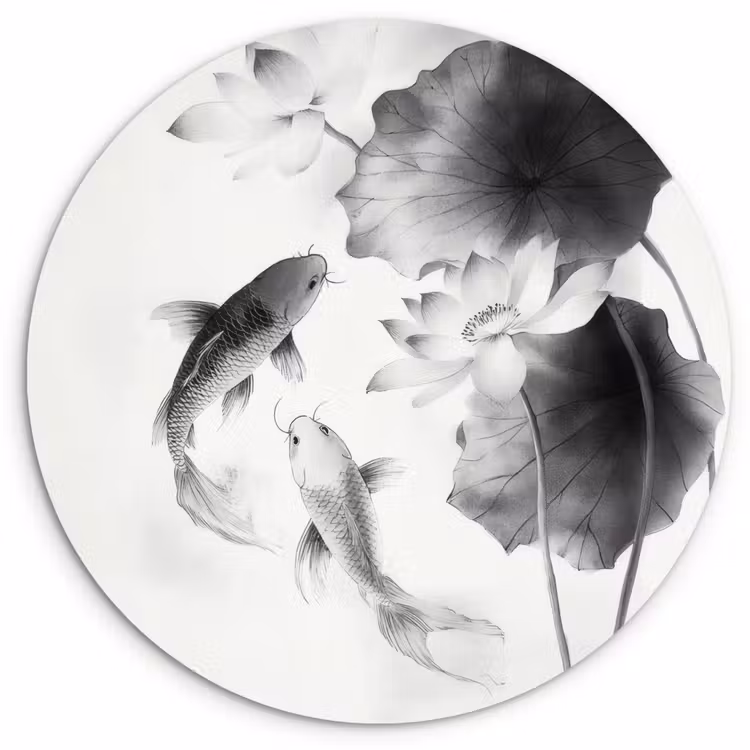 Lotusbloemen - Vissen - Bladeren - Zwart Wandcirkel kunststof plaat 5mm dik klein -3d
