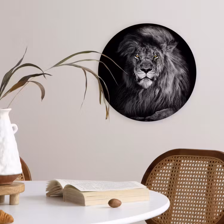 Leeuw - Ogen - Oranje - Zwart wit - Dieren - Portret Wandcirkel kunststof plaat 5mm dik klein -sfeer4