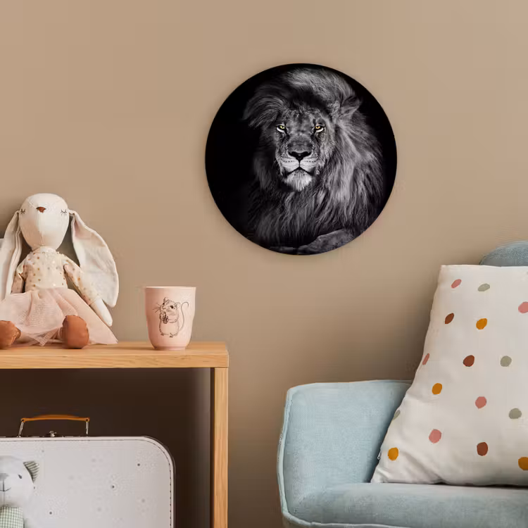 Leeuw - Ogen - Oranje - Zwart wit - Dieren - Portret Wandcirkel kunststof plaat 5mm dik klein -tsfeer1_kind