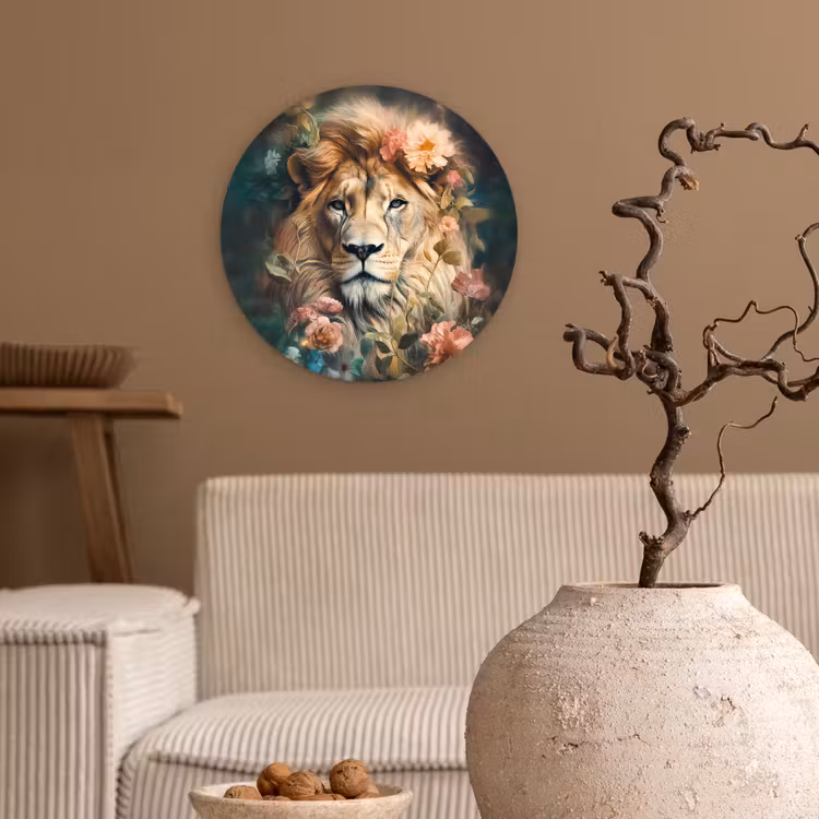 Leeuw - Leeuwenkop - Wilde dieren - Bloemen Wandcirkel kunststof plaat 5mm dik klein -sfeer1