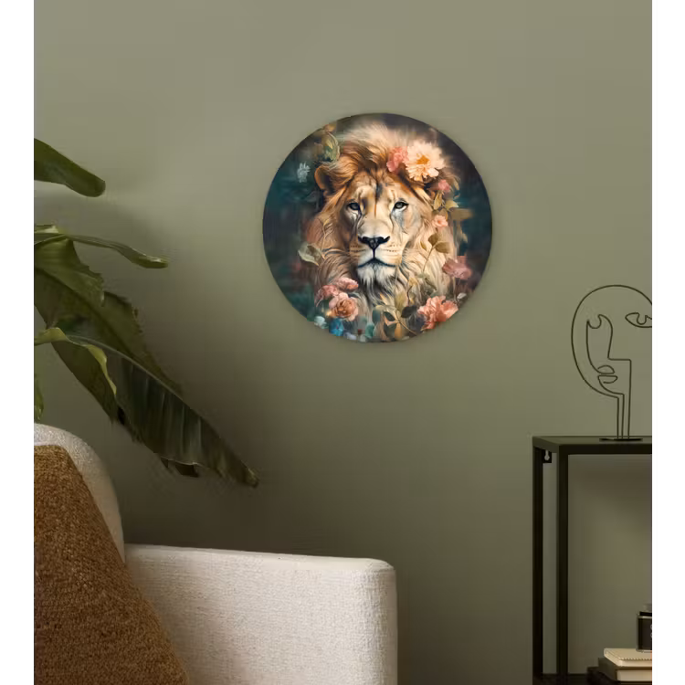 Leeuw - Leeuwenkop - Wilde dieren - Bloemen Wandcirkel kunststof plaat 5mm dik klein -sfeer3