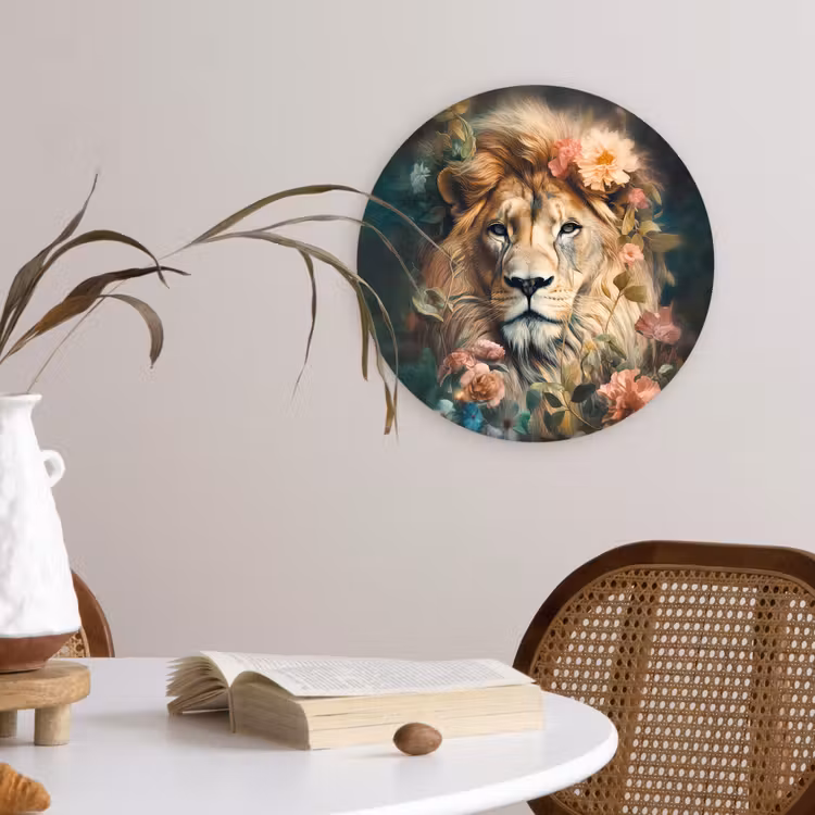 Leeuw - Leeuwenkop - Wilde dieren - Bloemen Wandcirkel kunststof plaat 5mm dik klein -sfeer4