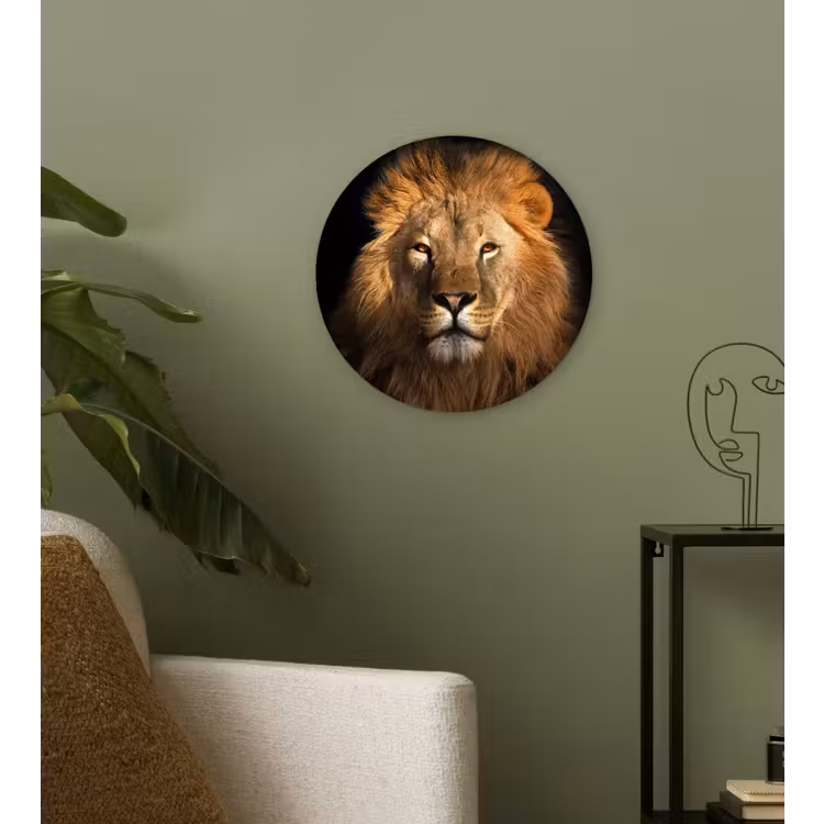 Leeuw - Dieren - Zwart - Licht - Bruin - Portret Wandcirkel kunststof plaat 5mm dik klein -sfeer3