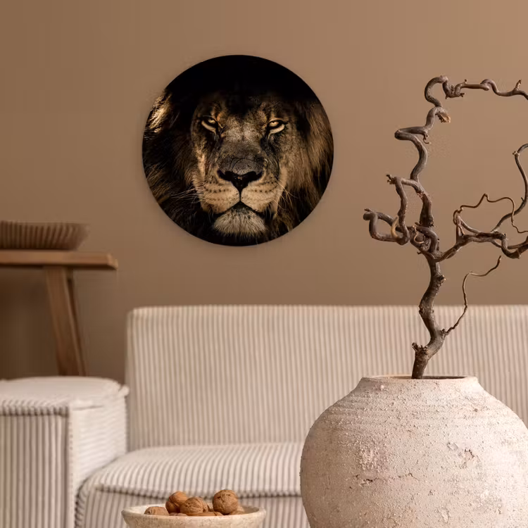 Leeuw - Dieren - Zwart - Portret Wandcirkel kunststof plaat 5mm dik klein -sfeer1