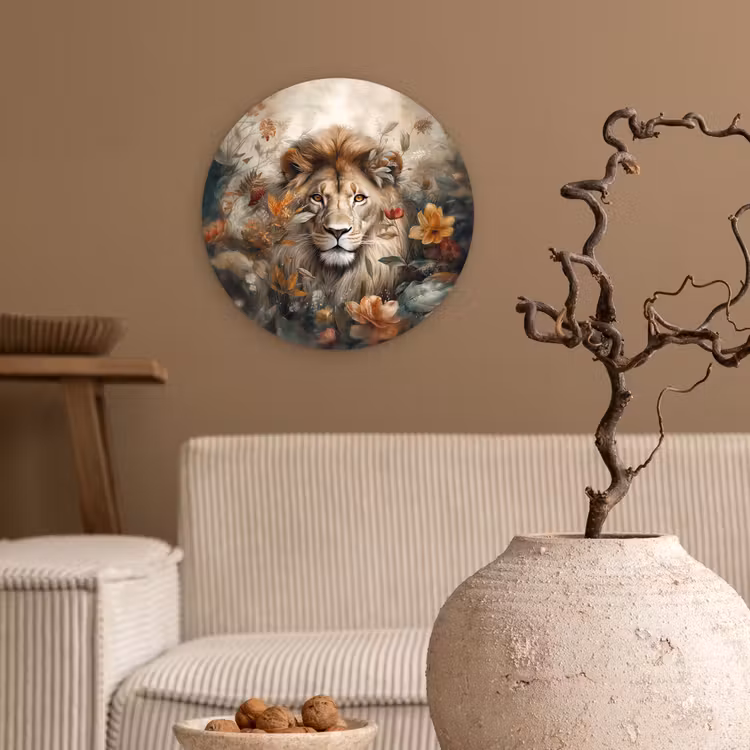Leeuw - Wilde dieren - Planten - Natuur - Bloemen Wandcirkel kunststof plaat 5mm dik klein -sfeer1