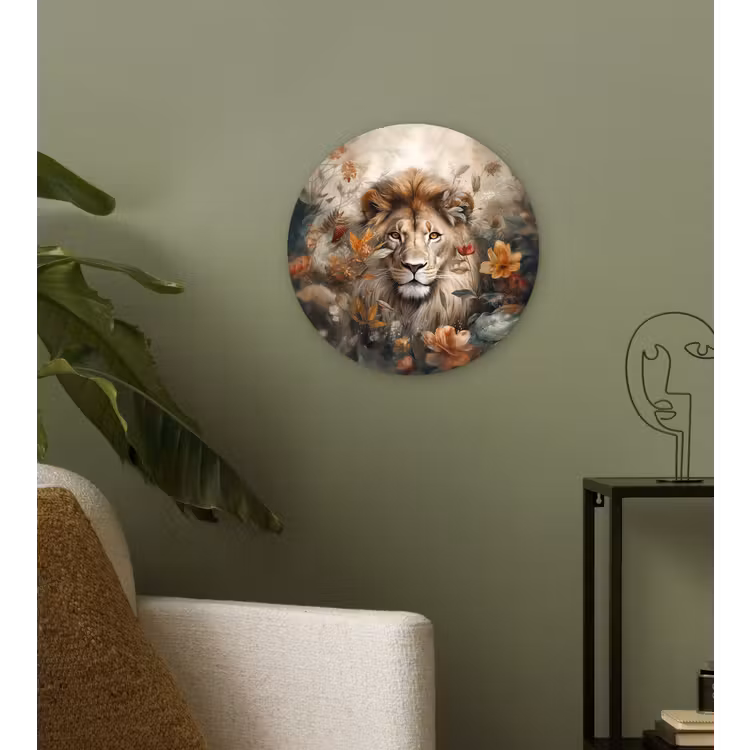 Leeuw - Wilde dieren - Planten - Natuur - Bloemen Wandcirkel kunststof plaat 5mm dik klein -sfeer3