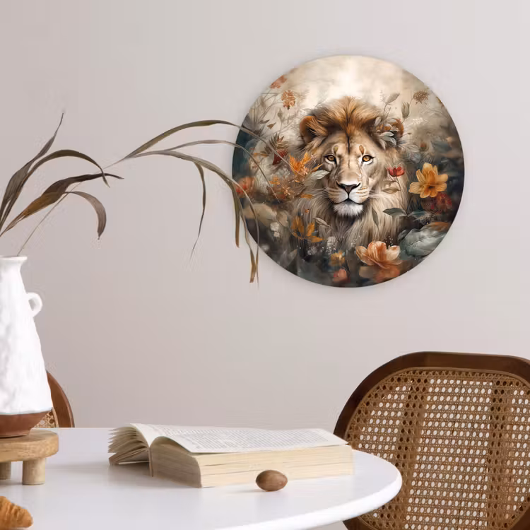 Leeuw - Wilde dieren - Planten - Natuur - Bloemen Wandcirkel kunststof plaat 5mm dik klein -sfeer4