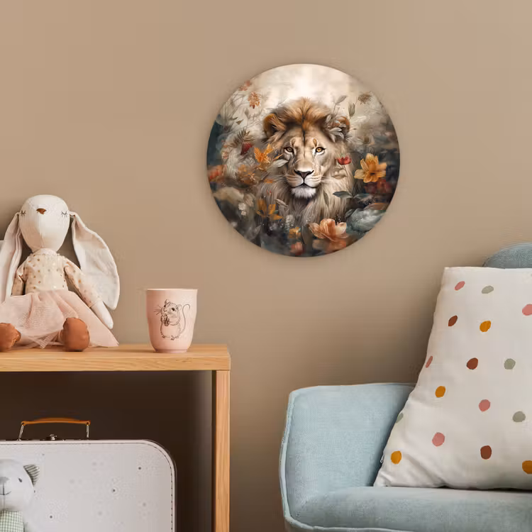Leeuw - Wilde dieren - Planten - Natuur - Bloemen Wandcirkel kunststof plaat 5mm dik klein -tsfeer1_kind