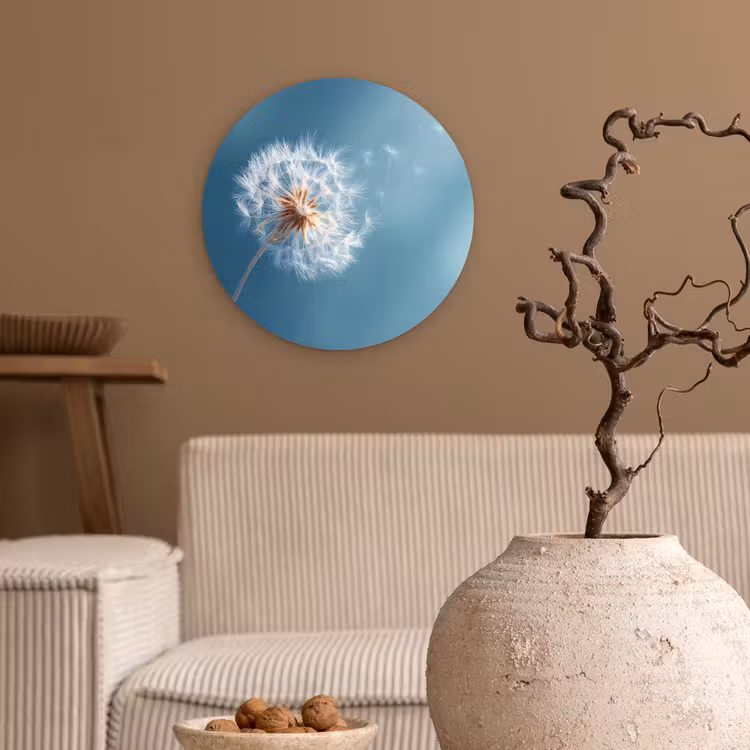 Paardenbloem - Wind - Blauw Wandcirkel kunststof plaat 5mm dik klein -sfeer1