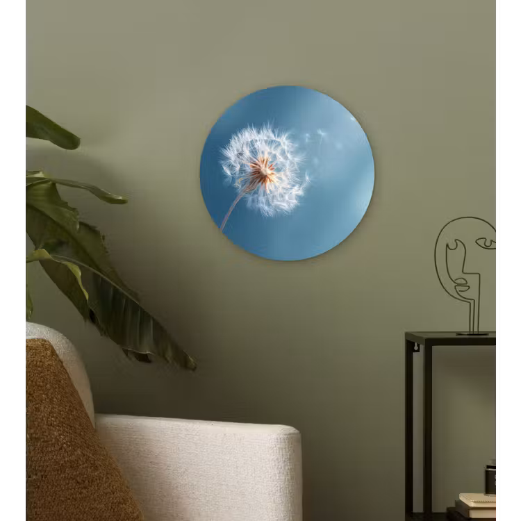 Paardenbloem - Wind - Blauw Wandcirkel kunststof plaat 5mm dik klein -sfeer3