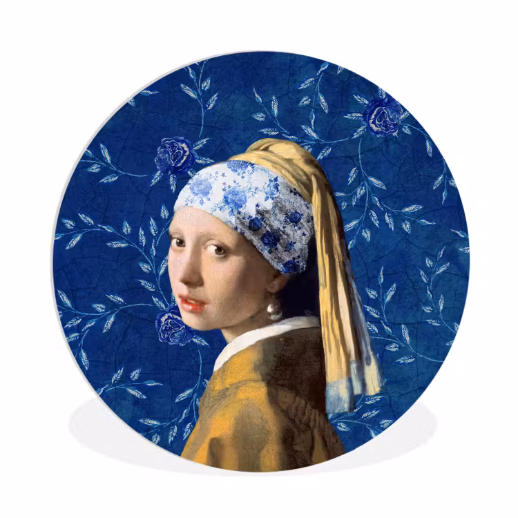 Meisje met de parel - Delfts blauw - Vermeer - Bloemen - Schilderij - Oude meesters Wandcirkel kunststof plaat 5mm dik klein -3d