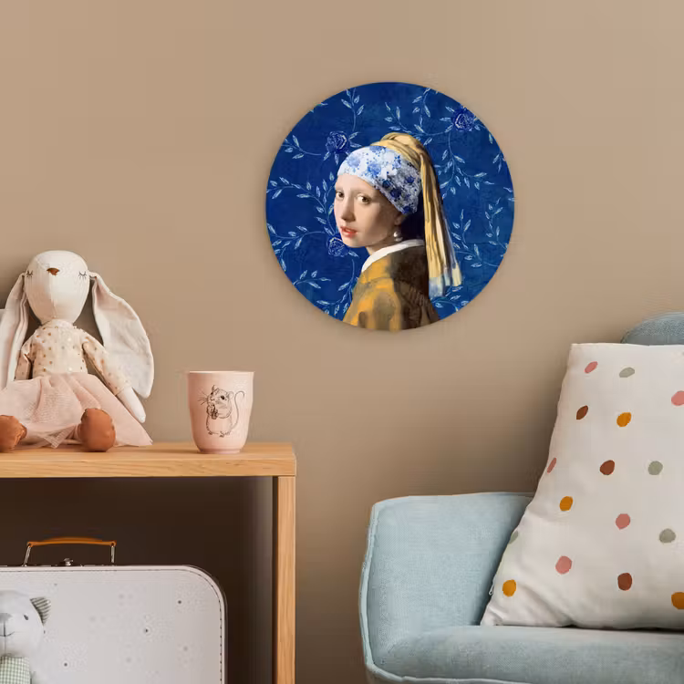 Meisje met de parel - Delfts blauw - Vermeer - Bloemen - Schilderij - Oude meesters Wandcirkel kunststof plaat 5mm dik klein -tsfeer1_kind