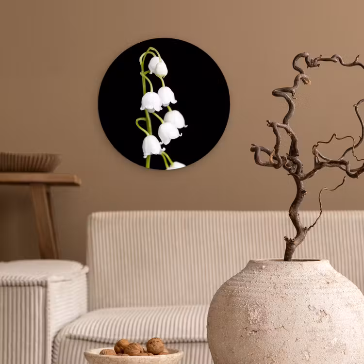 Lelietjes van dalen - Bloemen - Zwart - Flora Wandcirkel kunststof plaat 5mm dik klein -sfeer1