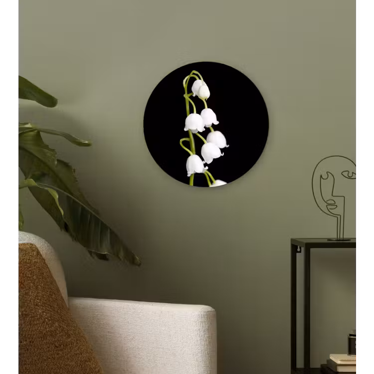 Lelietjes van dalen - Bloemen - Zwart - Flora Wandcirkel kunststof plaat 5mm dik klein -sfeer3