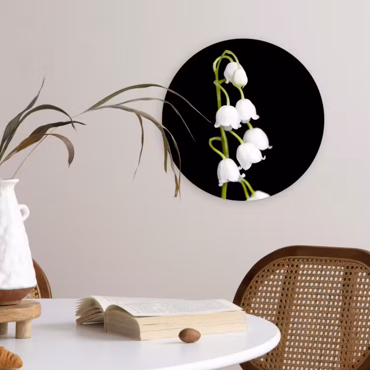 Lelietjes van dalen - Bloemen - Zwart - Flora Wandcirkel kunststof plaat 5mm dik klein -sfeer4