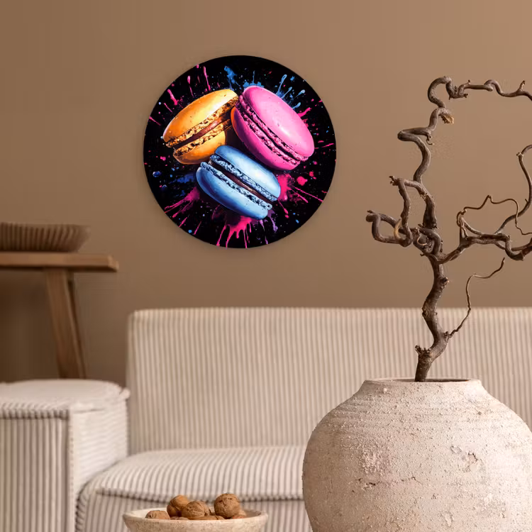 Macarons - Dessert - Graffiti - Kleurrijk - Roze - Blauw - Geel Wandcirkel kunststof plaat 5mm dik klein -sfeer1