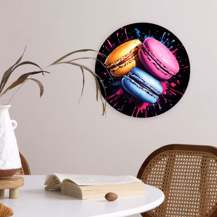Macarons - Dessert - Graffiti - Kleurrijk - Roze - Blauw - Geel Wandcirkel kunststof plaat 5mm dik klein -sfeer4