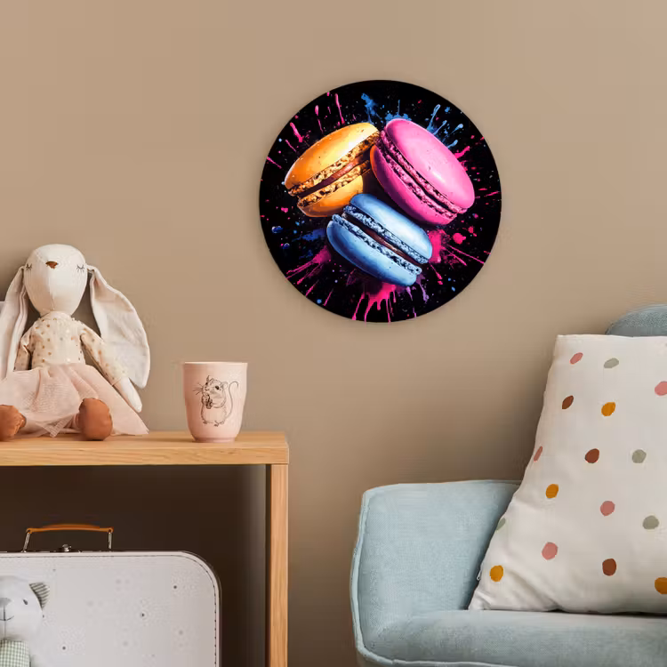 Macarons - Dessert - Graffiti - Kleurrijk - Roze - Blauw - Geel Wandcirkel kunststof plaat 5mm dik klein -tsfeer1_kind